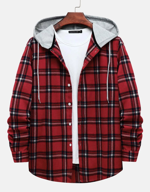 Load image into Gallery viewer, Men&#39;S Casual Plaid Flannel Jacket with Hoodie Lightweight Fall Winter Long Sleeve Button down Plaid Flannel Hooded Shirt Red L
