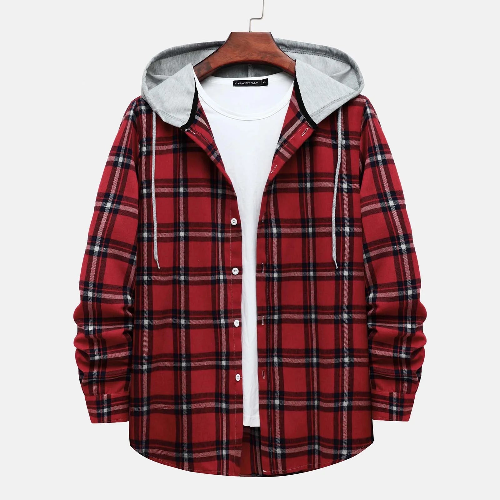 Men'S Casual Plaid Flannel Jacket with Hoodie Lightweight Fall Winter Long Sleeve Button down Plaid Flannel Hooded Shirt Red L