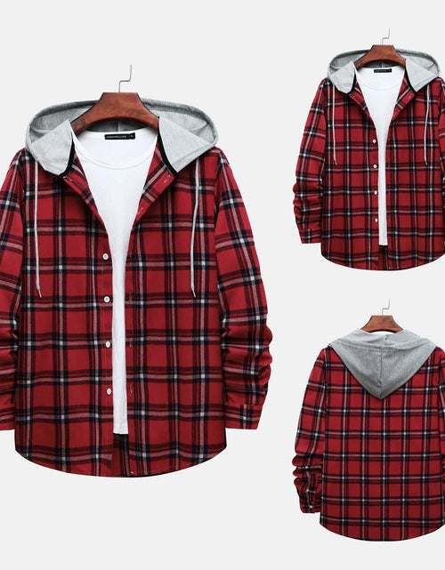 Load image into Gallery viewer, Men&#39;S Casual Plaid Flannel Jacket with Hoodie Lightweight Fall Winter Long Sleeve Button down Plaid Flannel Hooded Shirt Red L
