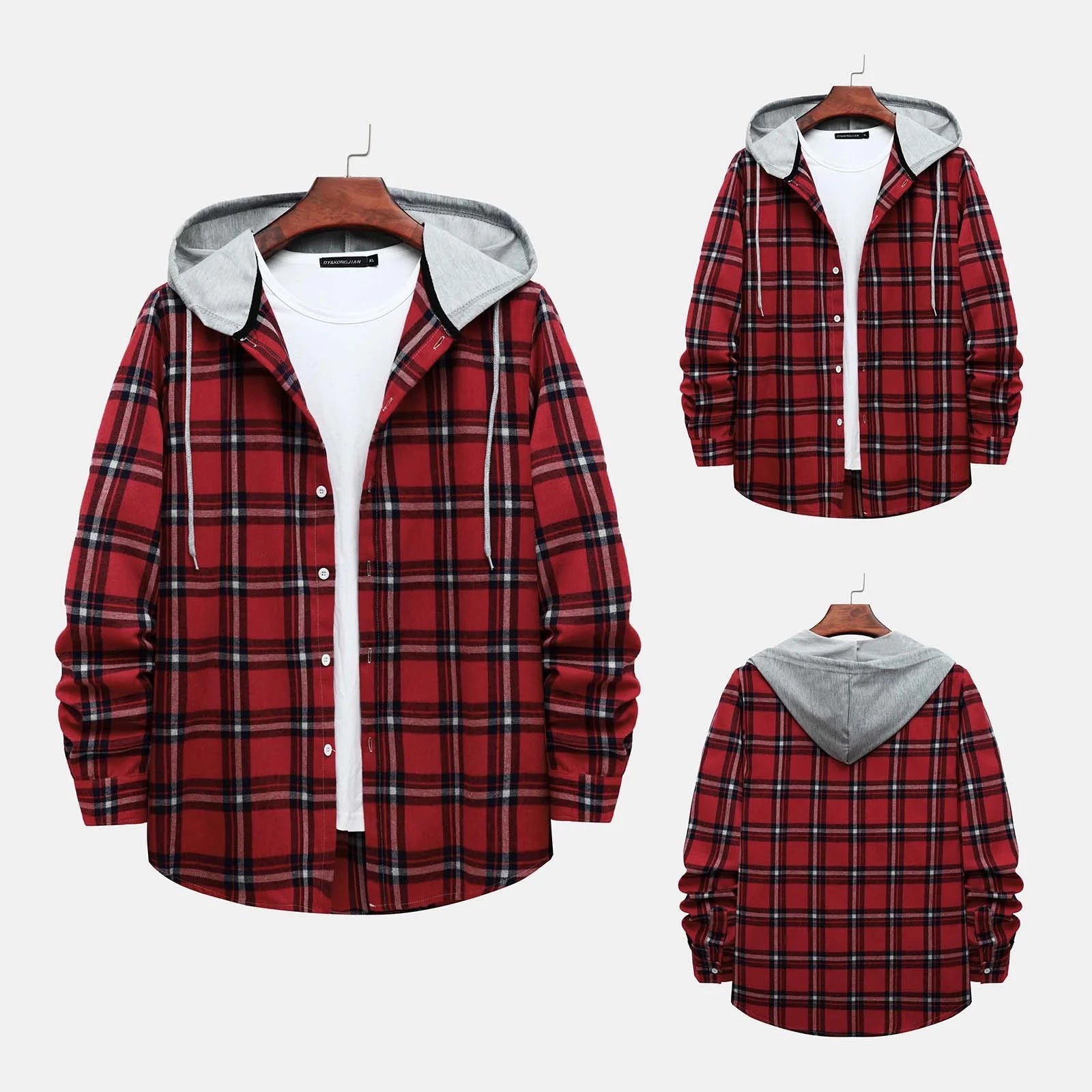 Men'S Casual Plaid Flannel Jacket with Hoodie Lightweight Fall Winter Long Sleeve Button down Plaid Flannel Hooded Shirt Red L