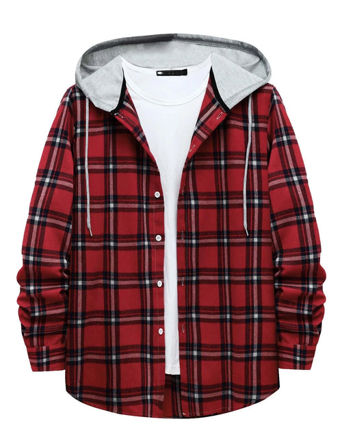 Load image into Gallery viewer, Men&#39;S Casual Plaid Flannel Jacket with Hoodie Lightweight Fall Winter Long Sleeve Button down Plaid Flannel Hooded Shirt Red L
