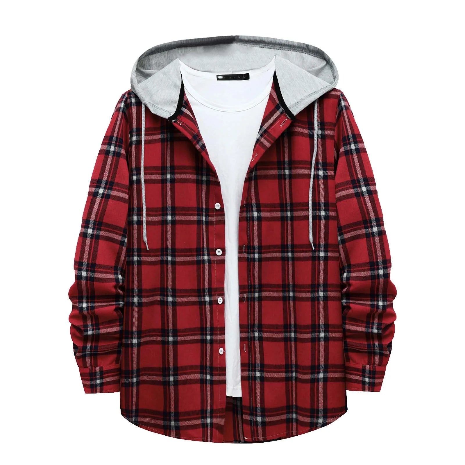 Men'S Casual Plaid Flannel Jacket with Hoodie Lightweight Fall Winter Long Sleeve Button down Plaid Flannel Hooded Shirt Red L