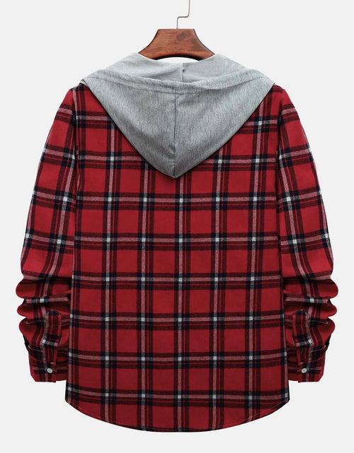 Load image into Gallery viewer, Men&#39;S Casual Plaid Flannel Jacket with Hoodie Lightweight Fall Winter Long Sleeve Button down Plaid Flannel Hooded Shirt Red L
