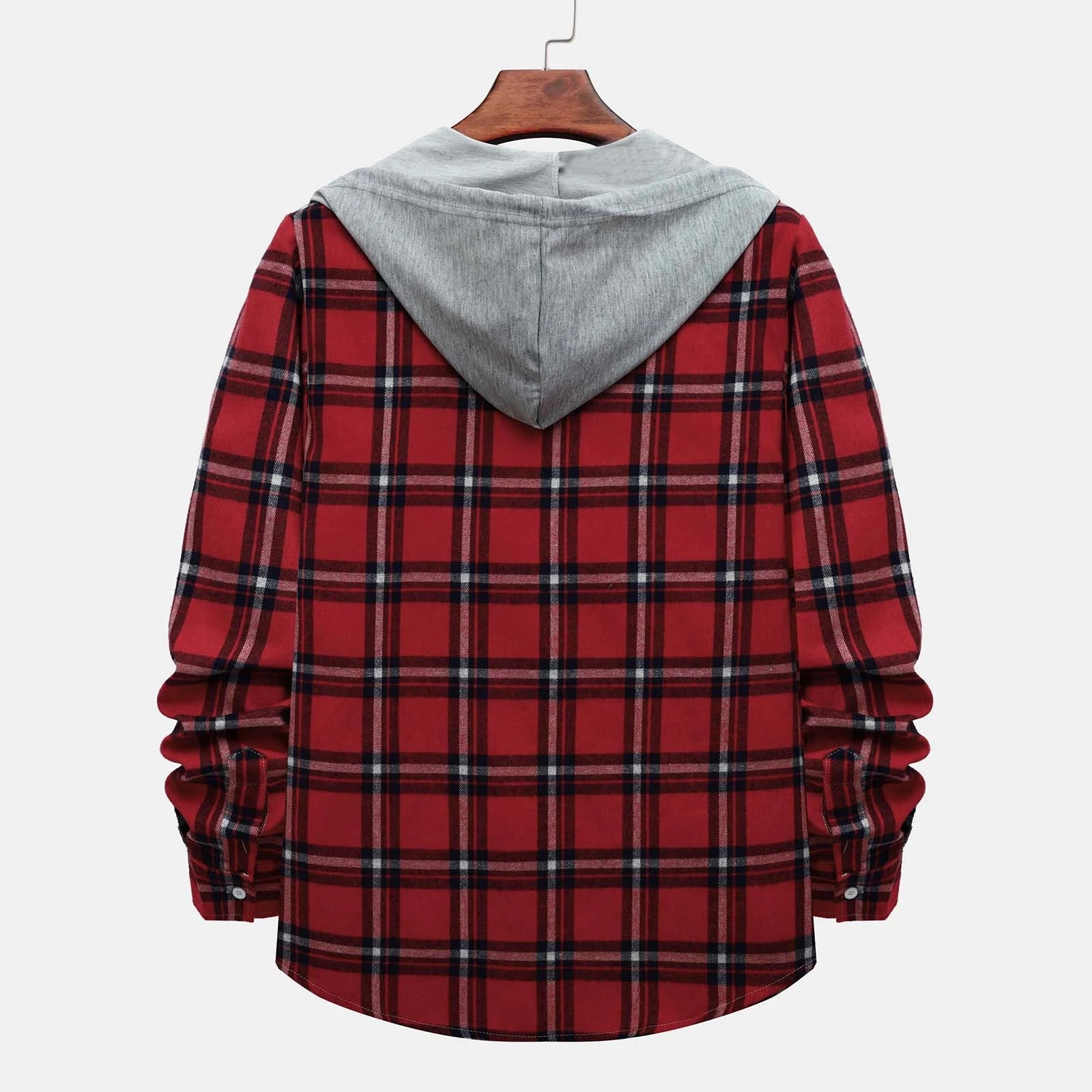 Men'S Casual Plaid Flannel Jacket with Hoodie Lightweight Fall Winter Long Sleeve Button down Plaid Flannel Hooded Shirt Red L