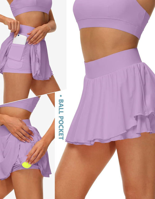 Load image into Gallery viewer, Women&#39;S Athletic Tennis Skirts with Pockets 13In Ruffle Golf Running Workout Ice Silk Flowy Skorts with Sports Shorts
